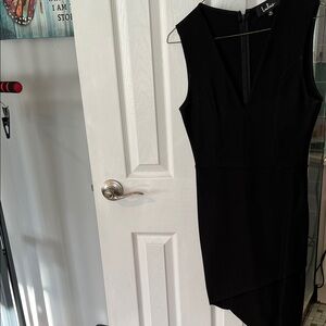 Lulu's Sleek Black V-Neck Asymmetric Hem Dress